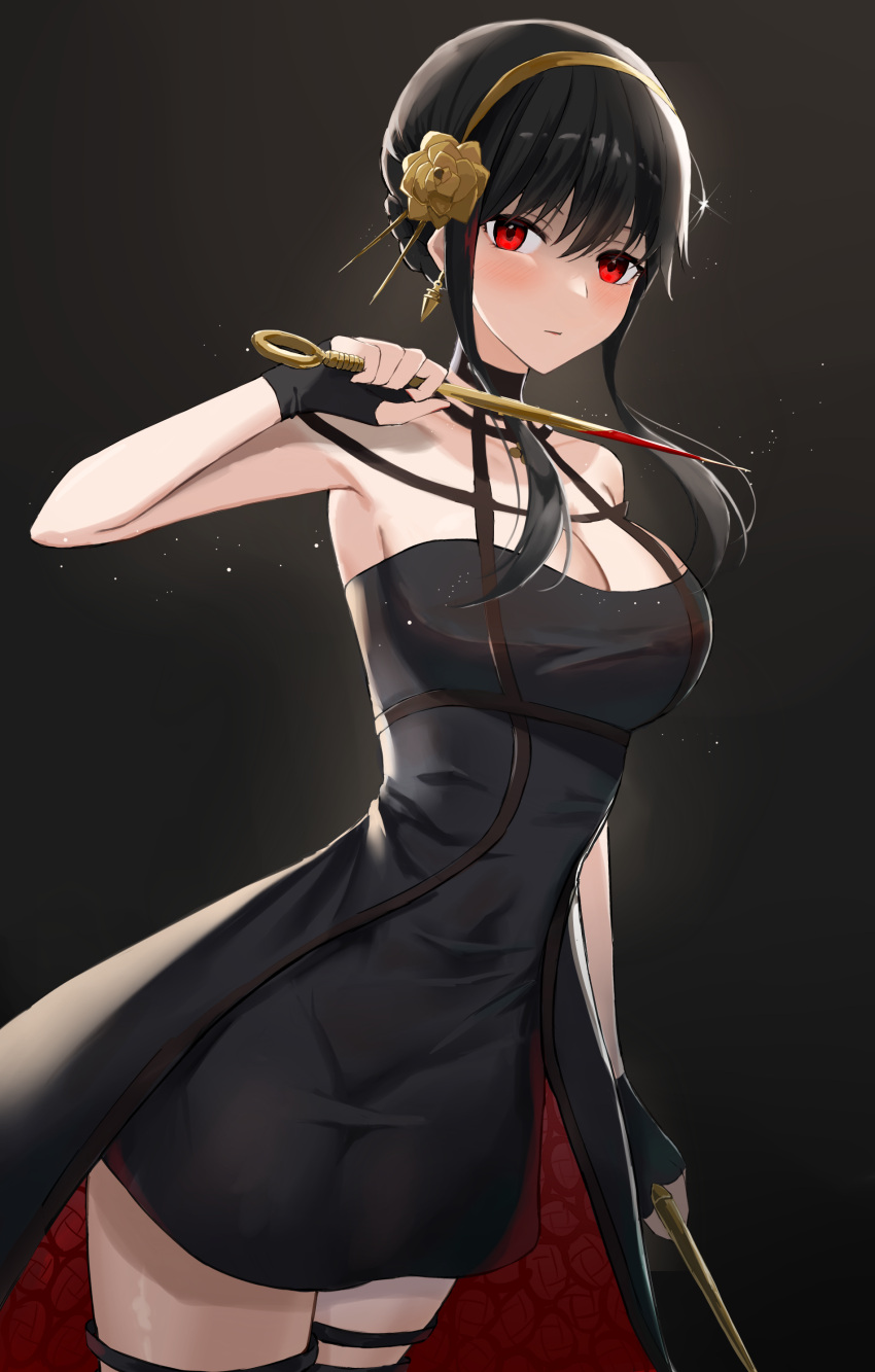 1girl, absurdres, backlighting, bare_shoulders, black_background, black_dress, black_gloves, black_hair, blood, blood_on_weapon, breasts, cc_(c~fua), closed_mouth, cowboy_shot, dagger, dress, dual_wielding, dutch_angle, earrings, expressionless, fingerless_gloves, floral_print, gloves, gold_earrings, gold_hairband, highres, holding, holding_dagger, holding_weapon, jewelry, knife, large_breasts, light_particles, long_hair, looking_at_viewer, red_eyes, rose_hair_ornament, rose_print, sidelocks, solo, spikes, spy_x_family, tight, tight_dress, two-sided_dress, weapon, yor_briar