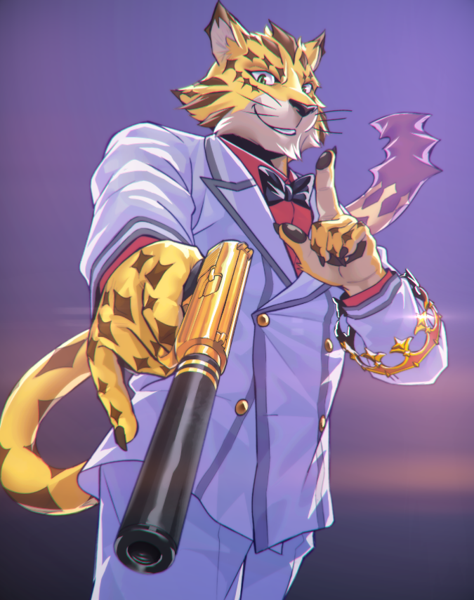1boy, bow, bowtie, brown_fur, commentary_request, crown, finger_to_mouth, furry