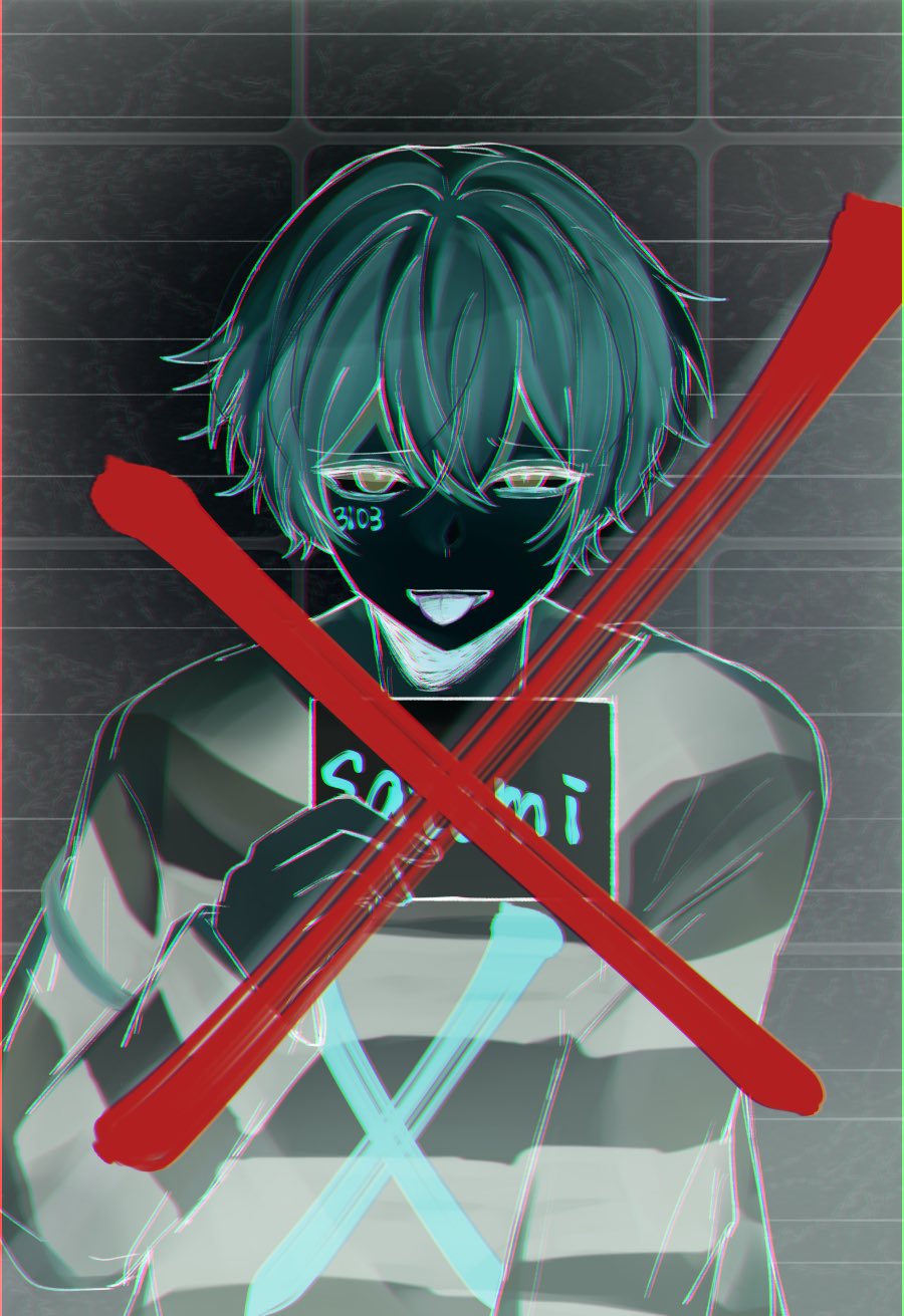 1boy, character_name, cross, crossed_out, highres, male_focus, mugshot, number_tattoo, open_mouth, prison_clothes, rapis_box, satomi_(stpri), shirt, short_hair, smile, solo, strawberry_prince, striped, striped_shirt, tattoo, tongue, tongue_out