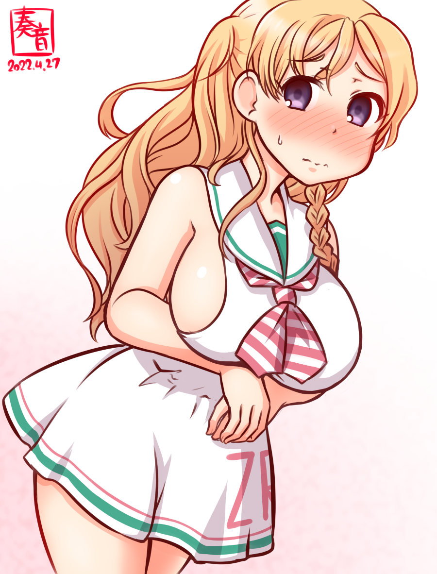 1girl, artist_logo, blonde_hair, braid, breasts, clothes_writing, commentary_request, cosplay