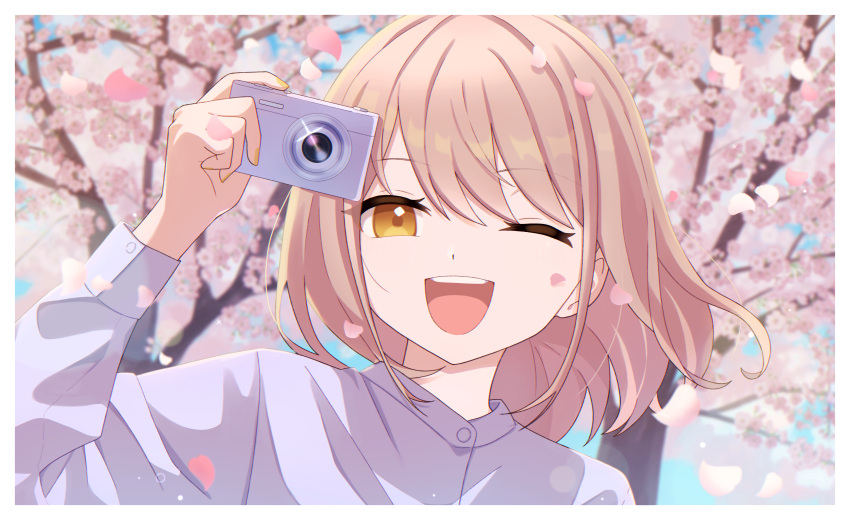 1girl, :d, absurdres, arm_up, bangs, blonde_hair, blurry, blurry_background