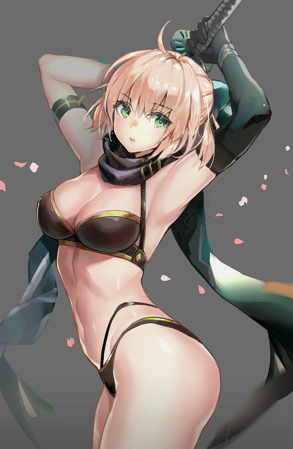 1girl, ahoge, armpits, arms_up, bikini, black_bikini, breasts, elbow_gloves, eyebrows_visible_through_hair, fate/grand_order, fate_(series), gloves, grey_background, highres, holding, holding_sword, holding_weapon, katana, medium_breasts, okita_j._souji_(fate), okita_j._souji_(first_ascension)_(fate), okita_souji_(fate), petals, scarf, single_elbow_glove, suishougensou, swimsuit, sword, weapon