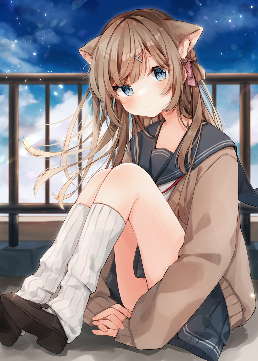 1girl, animal_ear_fluff, animal_ears, bangs, blue_eyes, blue_sailor_collar, blue_skirt, blush, brown_cardigan, brown_footwear, brown_hair, cardigan, cat_ears, closed_mouth, clouds, day, from_side, hair_ornament, hair_ribbon, heripiro, highres, kneehighs, knees_up, long_hair, long_sleeves, looking_at_viewer, looking_to_the_side, open_cardigan, open_clothes, original, own_hands_clasped, own_hands_together, pink_ribbon, ribbon, sailor_collar, shoes, sitting, skirt, solo, white_legwear, x_hair_ornament