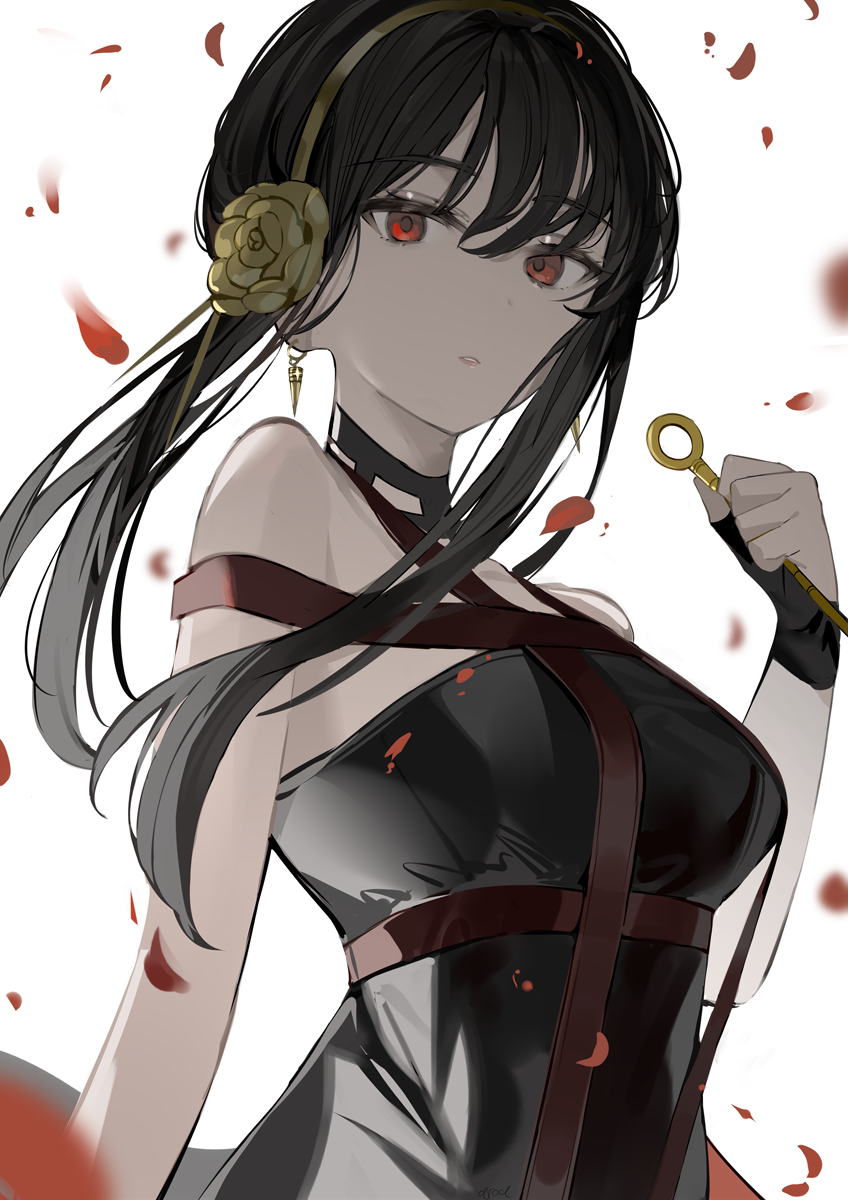 1girl, aroa_(aroamoyasi), bare_shoulders, black_gloves, black_hair, choker, dress, earrings, flower, gloves, hair_flower, hair_ornament, half-closed_eyes, highres, holding, holding_weapon, jewelry, pale_skin, parted_lips, petals, red_eyes, simple_background, spy_x_family, upper_body, weapon, white_background, yor_briar