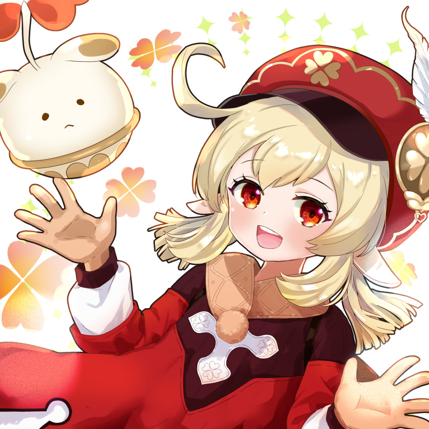 1girl, :d, absurdres, ahoge, bangs, brown_gloves, brown_scarf, cabbie_hat