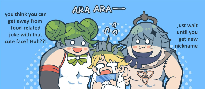 1boy, 2girls, :3, :d, :o, ai-chan_(honkai_impact), bangs, black_scarf