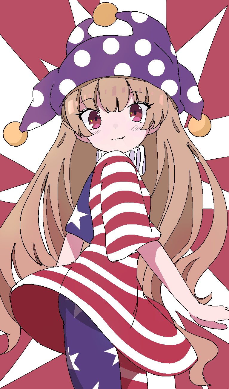 1girl, american_flag_dress, american_flag_pants, bangs, blush, breasts, brown_hair, closed_mouth