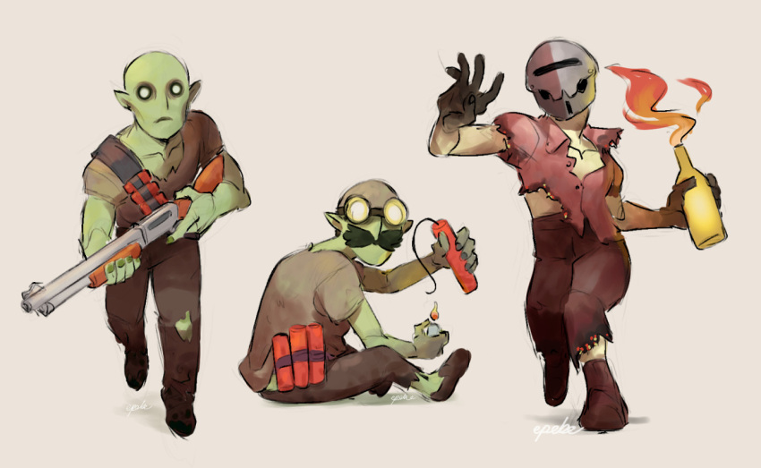 3boys, artist_name, brown_pants, brown_shirt, burnt_clothes, collared_shirt, colored_skin, english_commentary