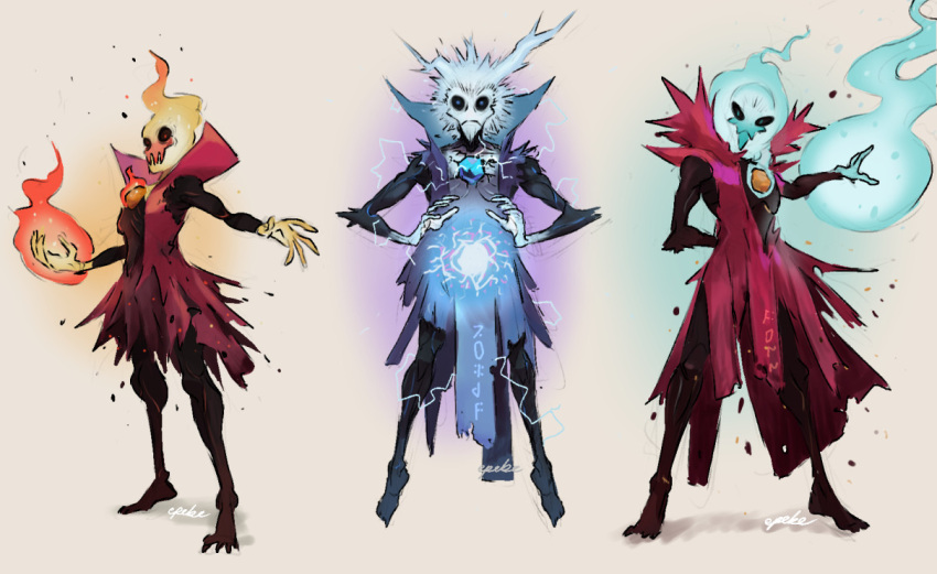 3others, artist_name, black_skin, blue_fire, colored_skin, eldari_(noita), english_commentary, epebe, fire, flaming_hand, full_body, high_collar, looking_at_viewer, multiple_others, noita, robe, skull, sleeveless, standing, stendari_(noita), thunder, ukko_(noita)