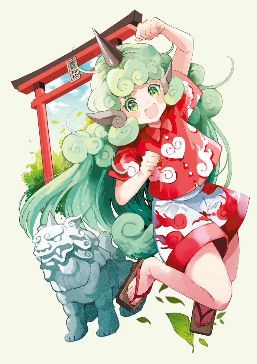 1girl, :d, azuma_aya, buttons, cloud_print, curly_hair, geta, green_eyes, green_hair, heart, highres, horns, kariyushi_shirt, kariyushi_shorts, komainu, leaf, long_hair, official_art, red_shirt, shirt, shorts, single_horn, smile, solo, strange_creators_of_outer_world, third-party_source, torii, touhou, very_long_hair, white_shorts