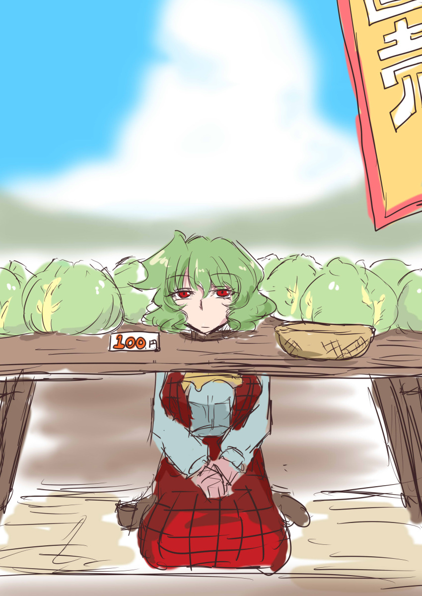 1girl, absurdres, burijittou, cabbage, clouds, cloudy_sky, day, eyebrows, eyelashes, field, green_hair, highres, kazami_yuuka, lettuce, mountain, outdoors, red_eyes, short_hair, sketch, sky, table, touhou