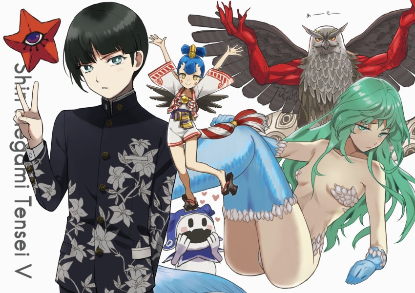 1boy, 2girls, 2others, amanozako_(megami_tensei), androgynous, arm_behind_back, arms_up, asymmetrical_hair, black_hair, blue_gloves, blue_hair, blue_jacket, blue_legwear, commentary_request, cowboy_shot, donbee937, elbow_gloves, english_text, eyelashes, floral_print, gloves, green_hair, grey_eyes, hand_up, hands_up, heart, jack_frost, jacket, japanese_clothes, leaning_back, long_hair, long_sleeves, looking_at_viewer, mermaid, mermaid_(shin_megami_tensei), monster_girl, multiple_girls, multiple_others, panties, pantyshot, parted_lips, protagonist_(smtv), scales, school_uniform, shadow, shin_megami_tensei, shin_megami_tensei_v, short_hair, shorts, simple_background, single_sidelock, standing, thigh-highs, thighs, underwear, v, white_background, white_panties, yellow_eyes