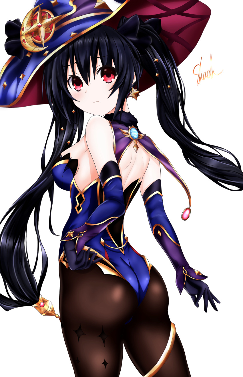 1girl, ass, bare_shoulders, black_hair, black_legwear, blush, breasts, cosplay