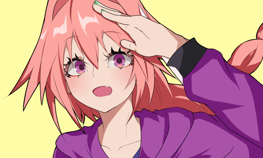 1boy, astolfo_(fate), astolfo_(memories_at_trifas)_(fate), blush, braid, crossdressing, eyebrows_visible_through_hair, fang