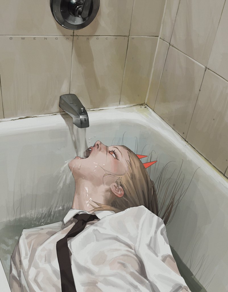 1girl, bathtub, blonde_hair, chainsaw_man, collared_shirt, demon_girl, demon_horns, dress_shirt