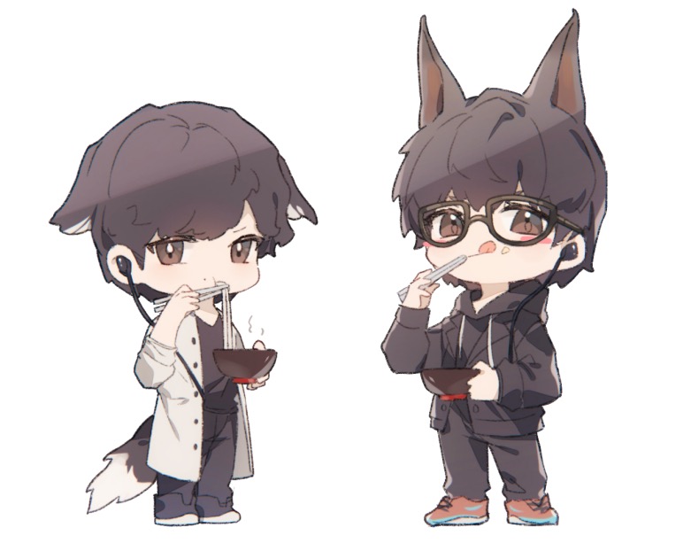 2boys, animal_ears, black_footwear, black_hoodie, black_pants, black_shirt, bowl, brown_eyes, brown_hair, chibi, chopsticks, dog_boy, dog_ears, dog_tail, earpiece, eating, food, full_body, holding, holding_bowl, holding_chopsticks, hood, hood_down, hoodie, ibuki_ai, jacket, kemonomimi_mode, licking_lips, long_sleeves, male_focus, miu404, multiple_boys, noodles, open_clothes, open_jacket, pants, red_footwear, shima_kazumi, shirt, shoes, short_hair, simple_background, standing, tail, tongue, tongue_out, white_background, white_jacket, yusa_(yusa0751)