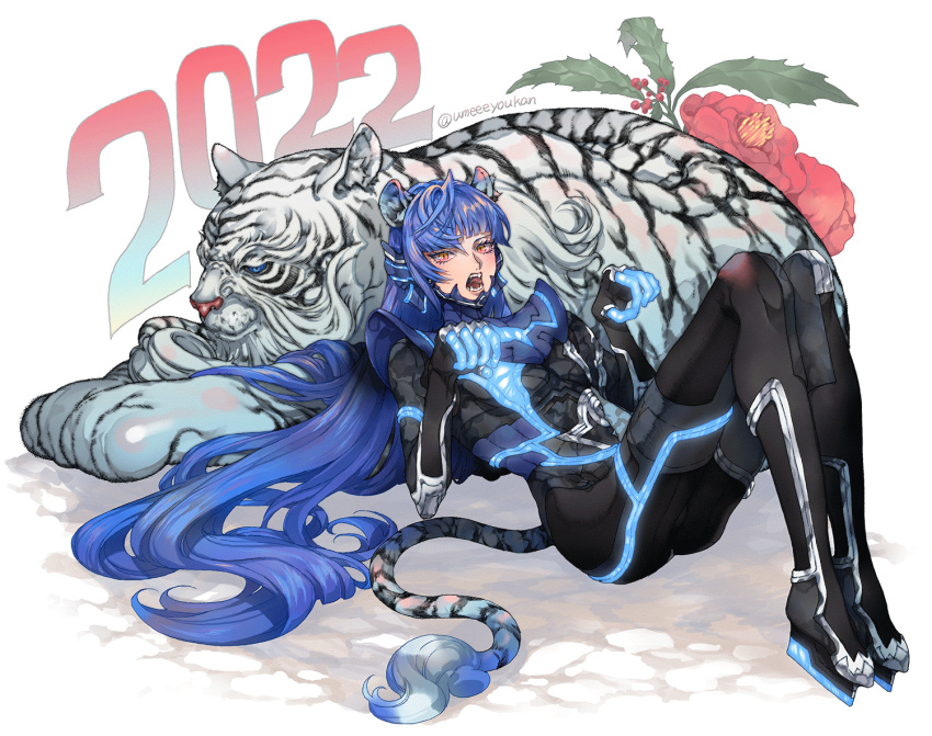 1boy, 1other, androgynous, animal_ears, asymmetrical_hair, blue_hair, bodysuit, byakko_(megami_tensei), dated, eyelashes, fangs, flower, full_body, hands_up, knees_up, legs, long_hair, lying, male_focus, on_back, open_mouth, orange_eyes, paw_pose, protagonist_(smtv), shin_megami_tensei, shin_megami_tensei_v, shiny, shiny_hair, single_sidelock, tail, tiger_ears, tiger_tail, twitter_username, umeeeyoukan, very_long_hair