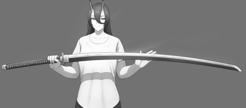 1girl, asahi_(lvl), closed_mouth, collarbone, commentary, demon_horns, english_commentary, grey_background