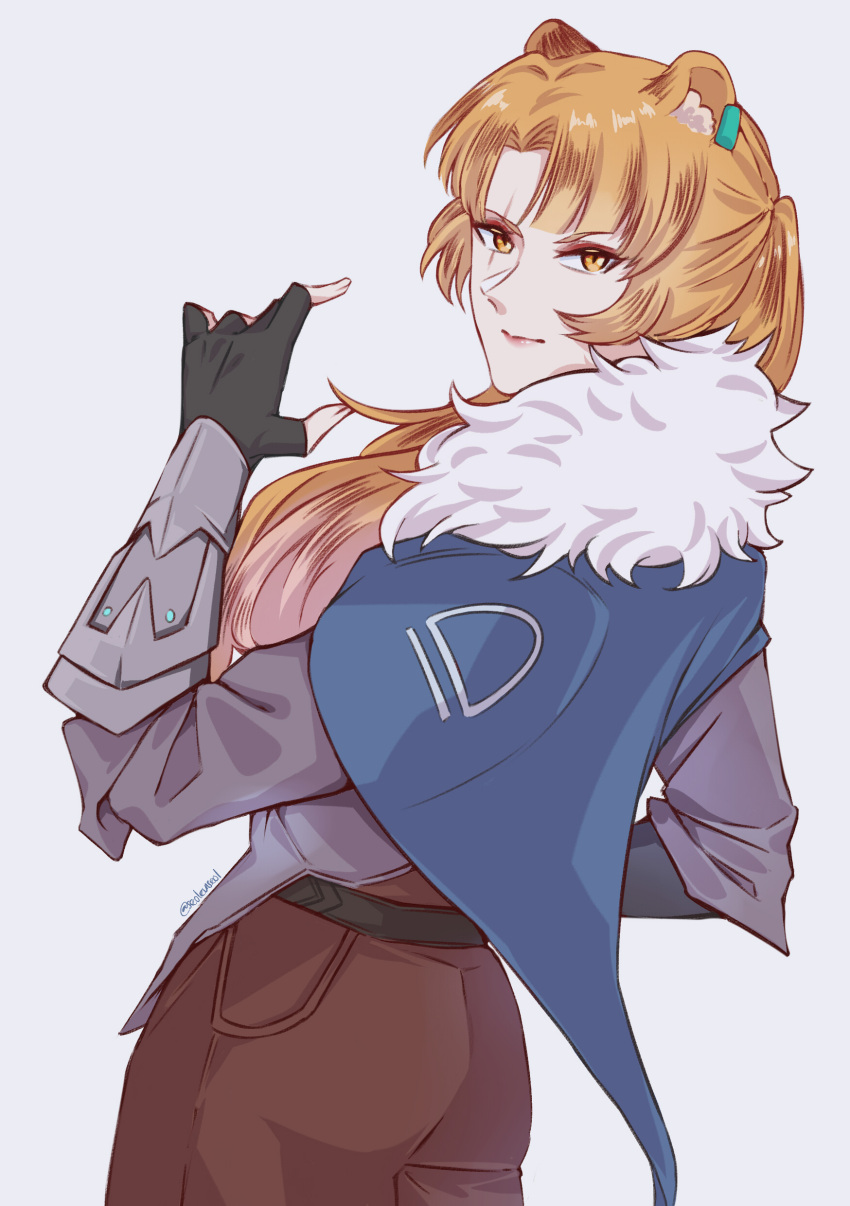 1girl, absurdres, animal_ears, ay_(seoleunseol), bangs, belt, black_belt, blue_capelet, brown_pants, capelet, cosplay, english_commentary, fingerless_gloves, from_side, fur_trim, gloves, grey_shirt, highres, leaning_forward, looking_at_viewer, nara_haramaung, nijisanji, nijisanji_id, orange_eyes, orange_hair, pants, ponytail, shirt, solo, sova_(valorant), sova_(valorant)_(cosplay), tiger_ears, tiger_girl, valorant, virtual_youtuber