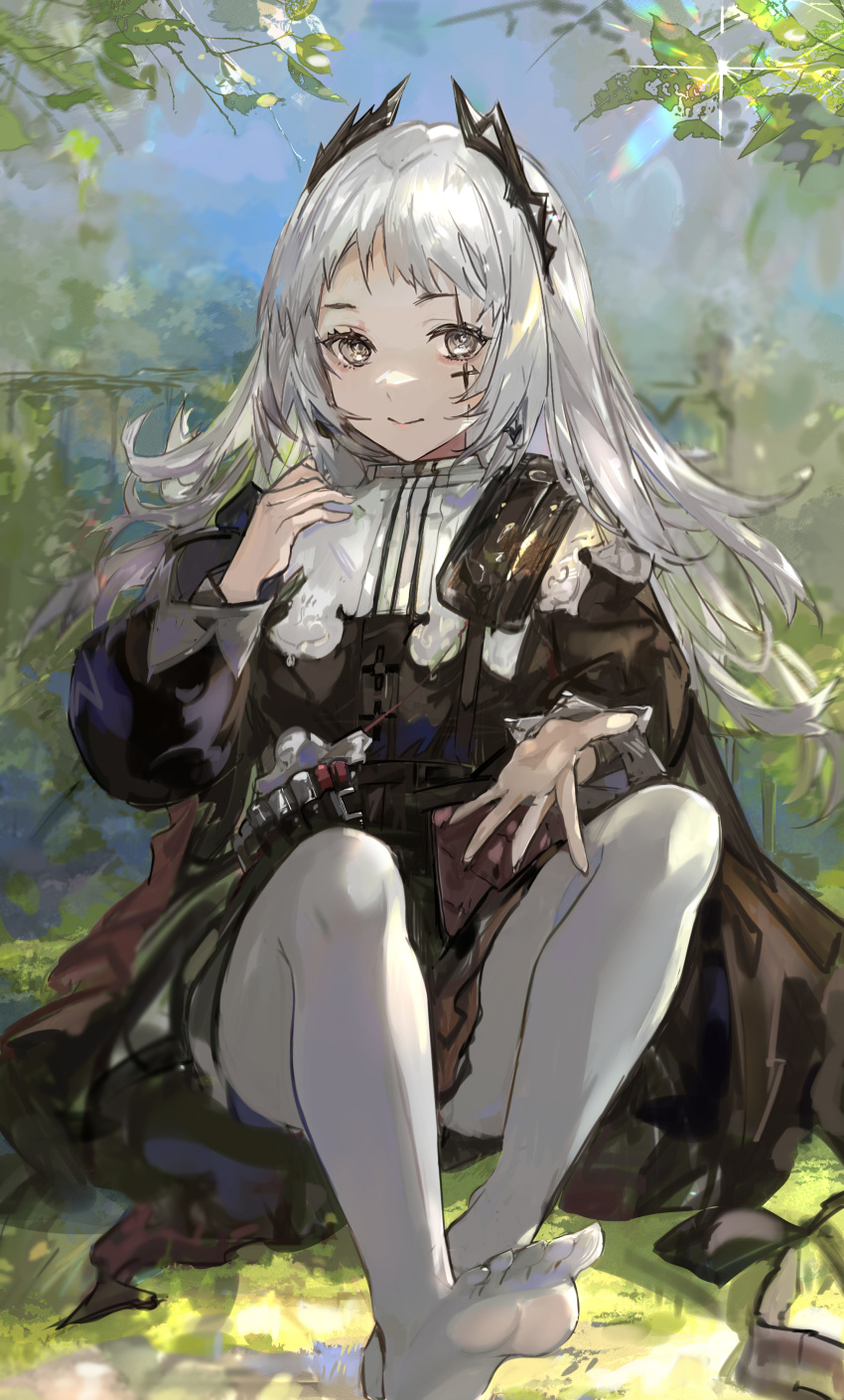 1girl, absurdres, arknights, belt, black_dress, brown_eyes, closed_mouth, day