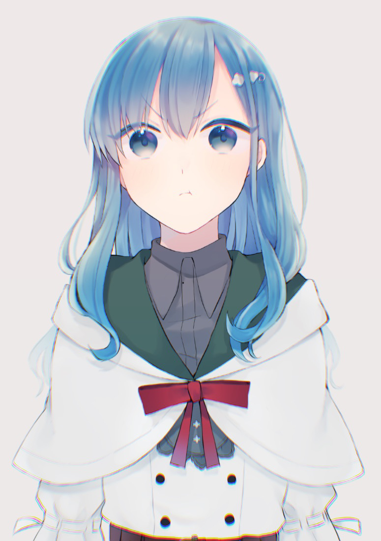 1girl, :t, bangs, belt, blue_eyes, blue_hair, bow, bowtie, capelet, closed_mouth, collared_shirt, dress, furrowed_brow, grey_shirt, hair_ornament, hood, hood_down, hooded_capelet, long_hair, long_sleeves, looking_at_viewer, mahou_sekai_no_uketsukejou_ni_naritai_desu, nakawa, nanalie_persephone_hel, pout, red_bow, red_bowtie, ribbon-trimmed_sleeves, ribbon_trim, shirt, simple_background, solo, straight-on, upper_body, white_capelet, white_dress