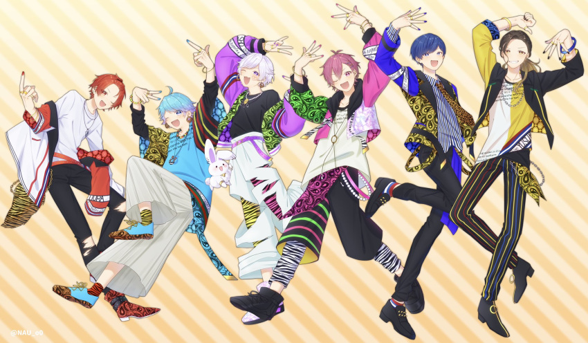 6+boys, androgynous, blonde_hair, blue_eyes, blue_hair, brown_hair, colored_tips, highres, hoshinose, hotoke_(ireisu), if_(ireisu), ireisu, liura_(ireisu), male_focus, multicolored_hair, multiple_boys, naiko_(ireisu), pink_eyes, pink_hair, red_eyes, redhead, sho_(ireisu), short_hair, violet_eyes, white_hair, yellow_eyes, yusuke_(ireisu)