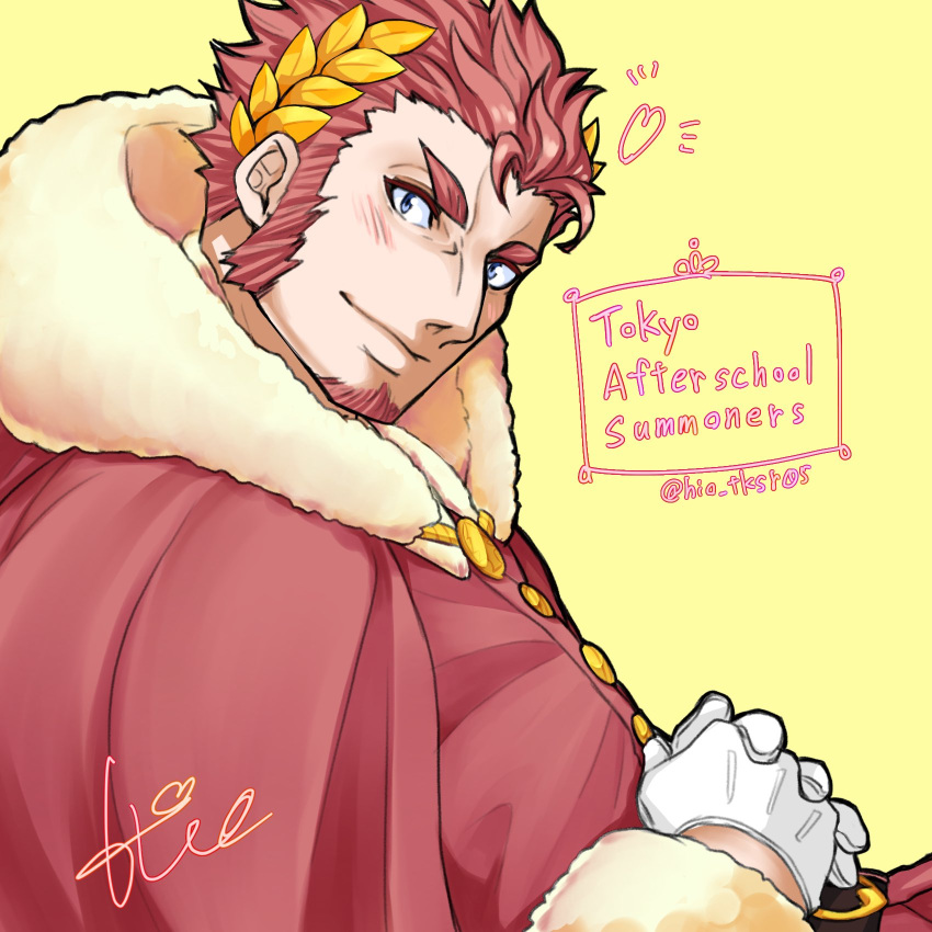 1boy, blue_eyes, blush, claude_(housamo), copyright_name, facial_hair, fur-trimmed_jacket, fur_trim