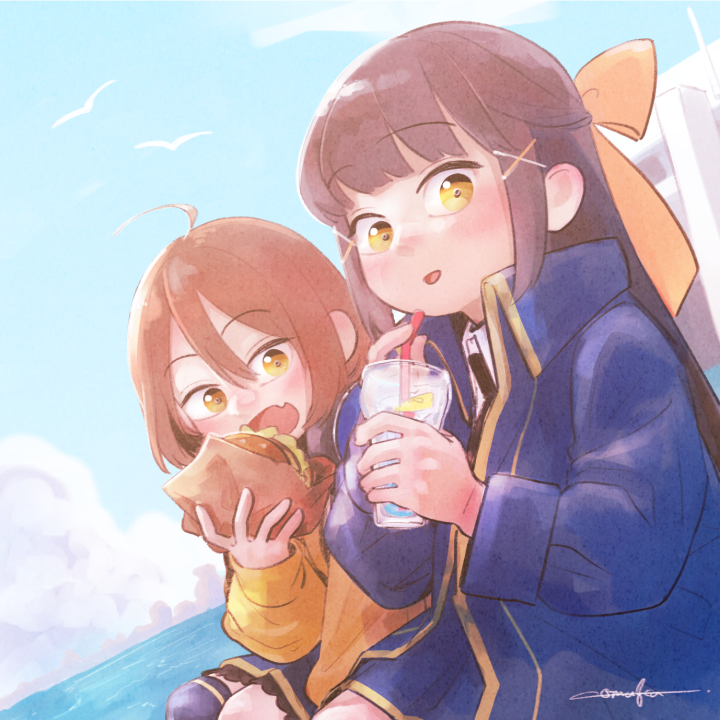 2girls, ahoge, artist_name, assault_lily, bangs, bird, black_necktie, blue_jacket, blue_legwear, blue_skirt, blue_sky, blush, bow, brown_hair, building, burger, clouds, collared_shirt, commentary_request, cowboy_shot, cup, day, drink, drinking_glass, drinking_straw, dutch_angle, eating, eyebrows_visible_through_hair, fang, food, hair_between_eyes, hair_bow, hair_ornament, half_updo, hand_up, hands_up, headphones, headphones_around_neck, high_collar, holding, holding_cup, holding_drinking_straw, holding_food, horizon, jacket, kawamura_yuzuriha, komuzuka, long_hair, long_sleeves, looking_to_the_side, miniskirt, multiple_girls, necktie, ocean, open_clothes, open_jacket, open_mouth, orange_bow, orange_jacket, outdoors, parted_lips, seagull, shirt, short_hair, side-by-side, signature, single_thighhigh, sitting, skin_fang, skirt, sky, sleeves_past_wrists, thigh-highs, tsukioka_momiji, white_shirt, x_hair_ornament, yellow_eyes