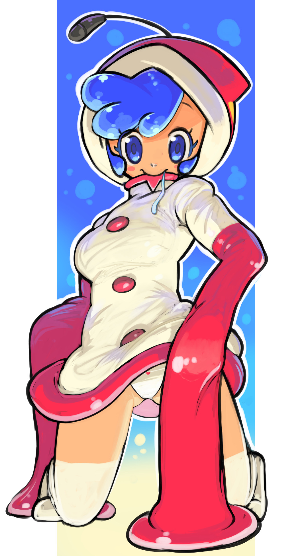 1girl, antennae, ass_visible_through_thighs, blue_eyes, blue_hair, blush_stickers, breasts, drooling