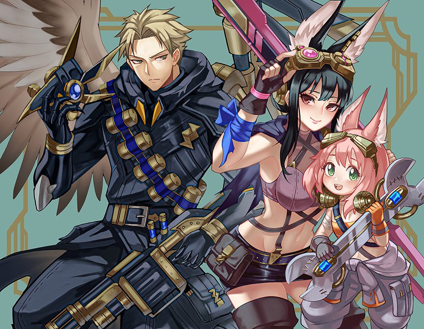 1boy, 2girls, ammunition_belt, animal_ears, anya_(spy_x_family), black_hair, blonde_hair, capelet
