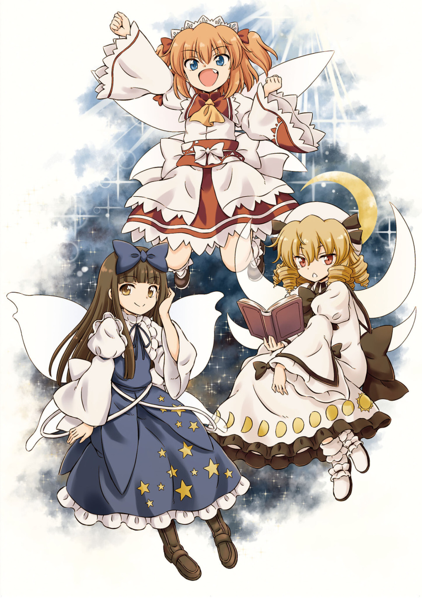 3girls, :<, :d, ascot, bangs, black_bow, black_bowtie, black_dress