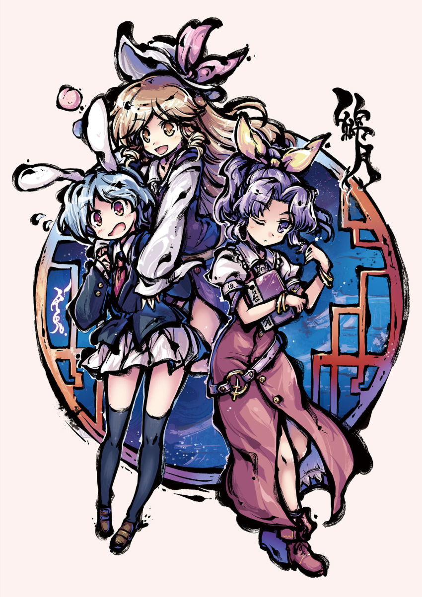 3girls, :d, ;|, animal_ears, bangs, black_legwear, blonde_hair, blue_hair