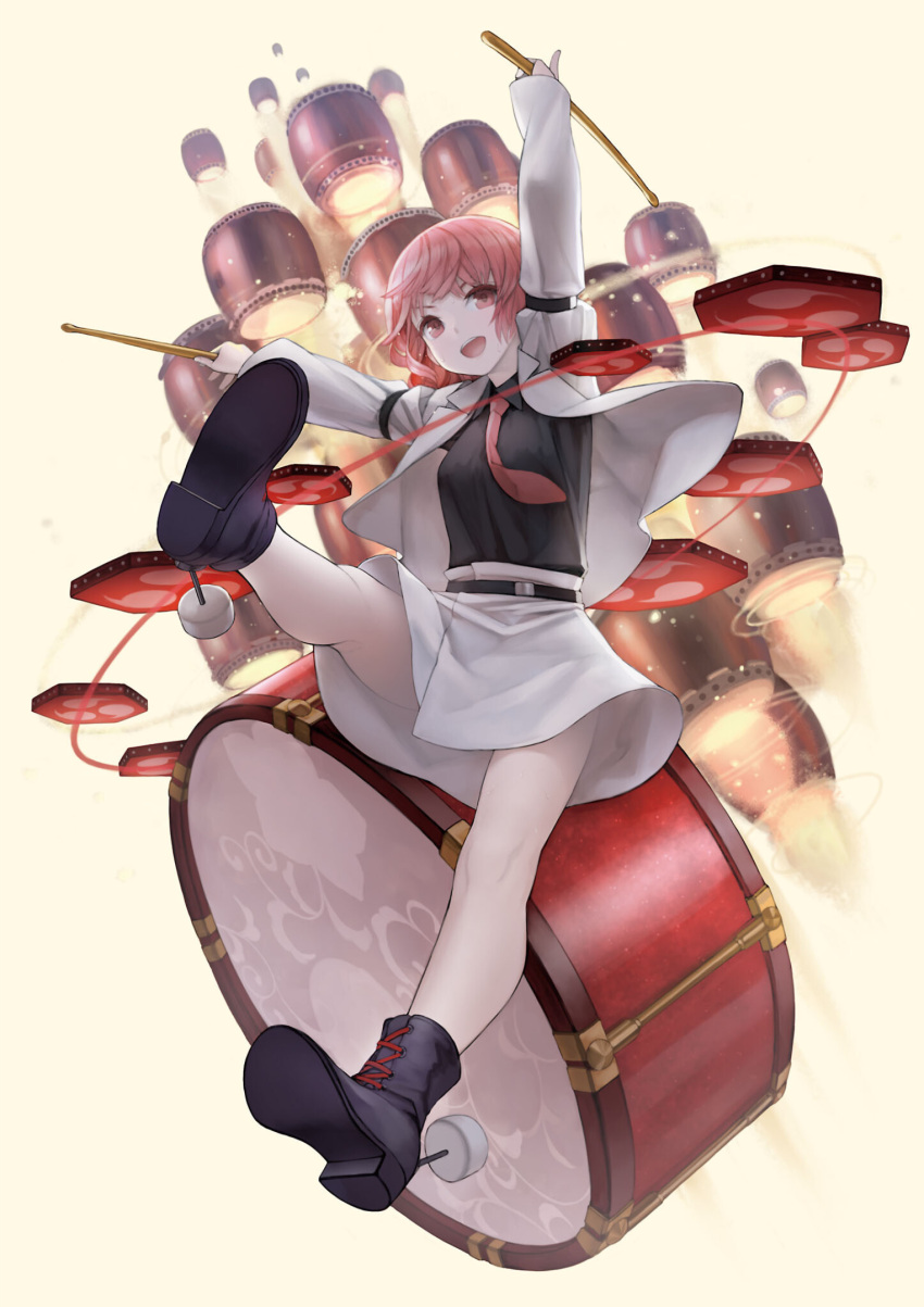 1girl, :d, arm_strap, black_footwear, black_shirt, cross-laced_footwear, drum, drumsticks, highres, horikawa_raiko, instrument, jacket, masakichi_(mmw), necktie, official_art, pink_eyes, pink_hair, red_necktie, shirt, short_hair, skirt, smile, solo, strange_creators_of_outer_world, taiko_drum, third-party_source, touhou, white_jacket, white_skirt