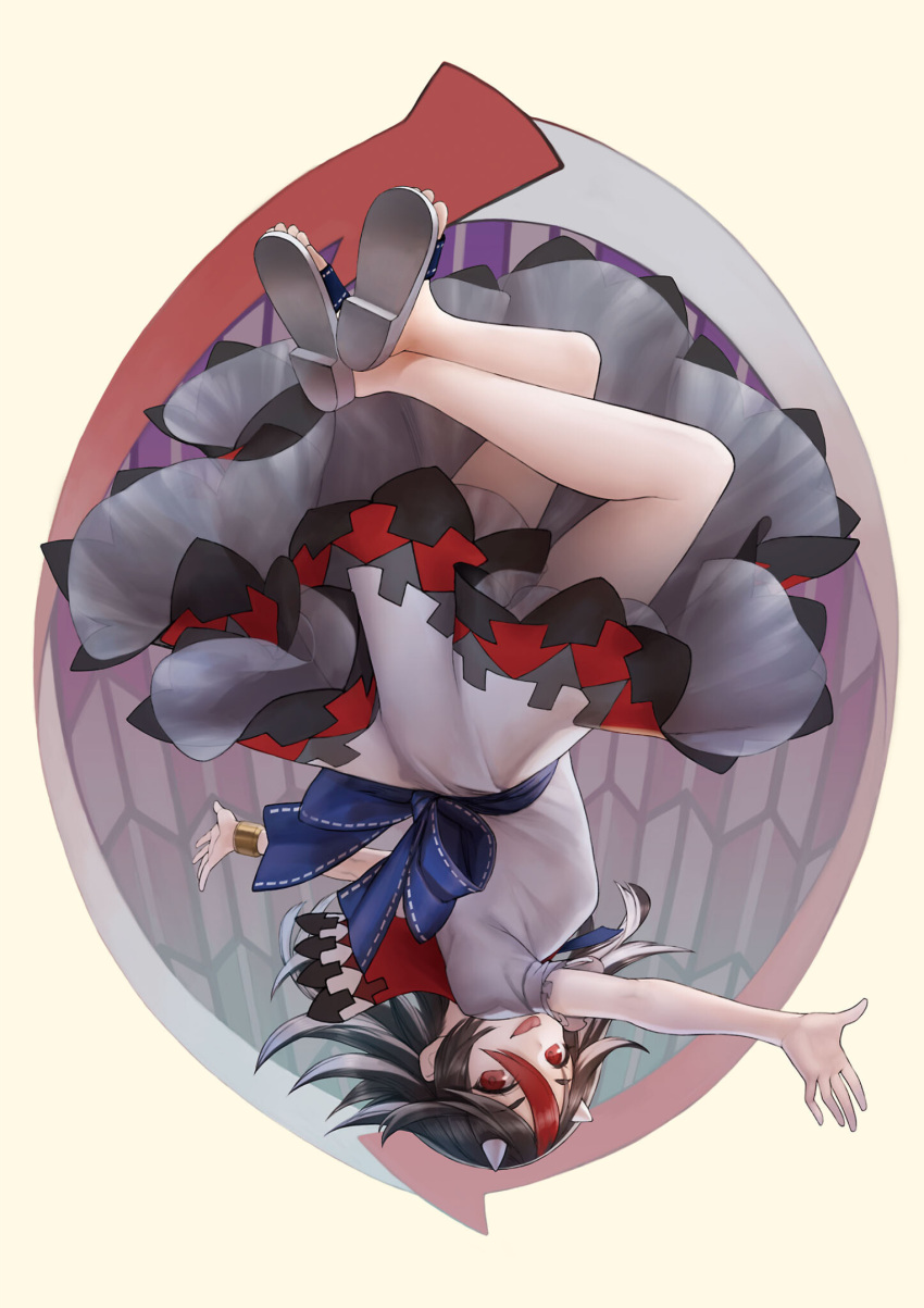 1girl, :p, ascot, black_hair, bloomers, blue_ascot, blue_sash, bracelet