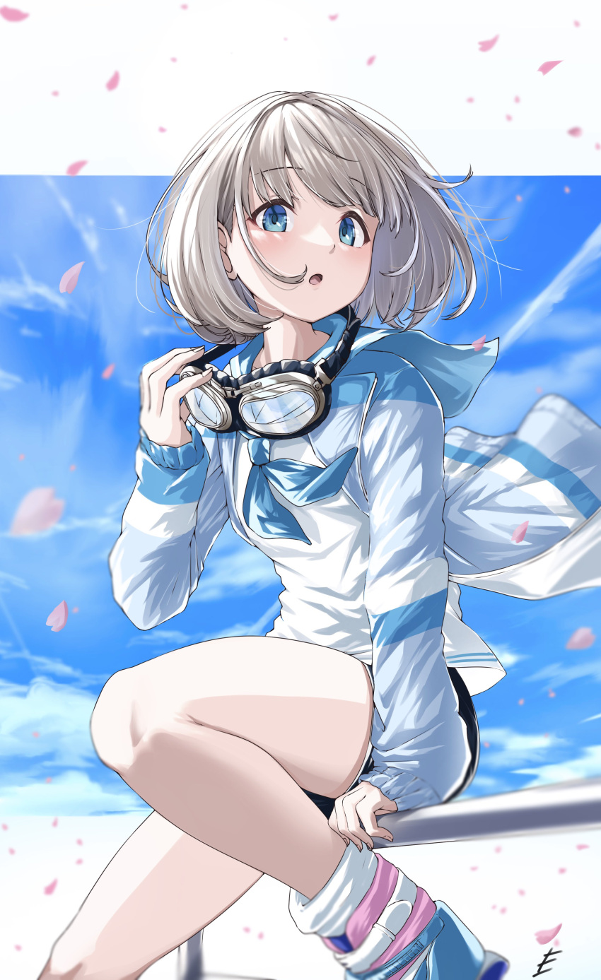 absurdres, arm_support, bangs, black_shorts, blue_eyes, blue_jacket, blue_neckerchief, blue_sky