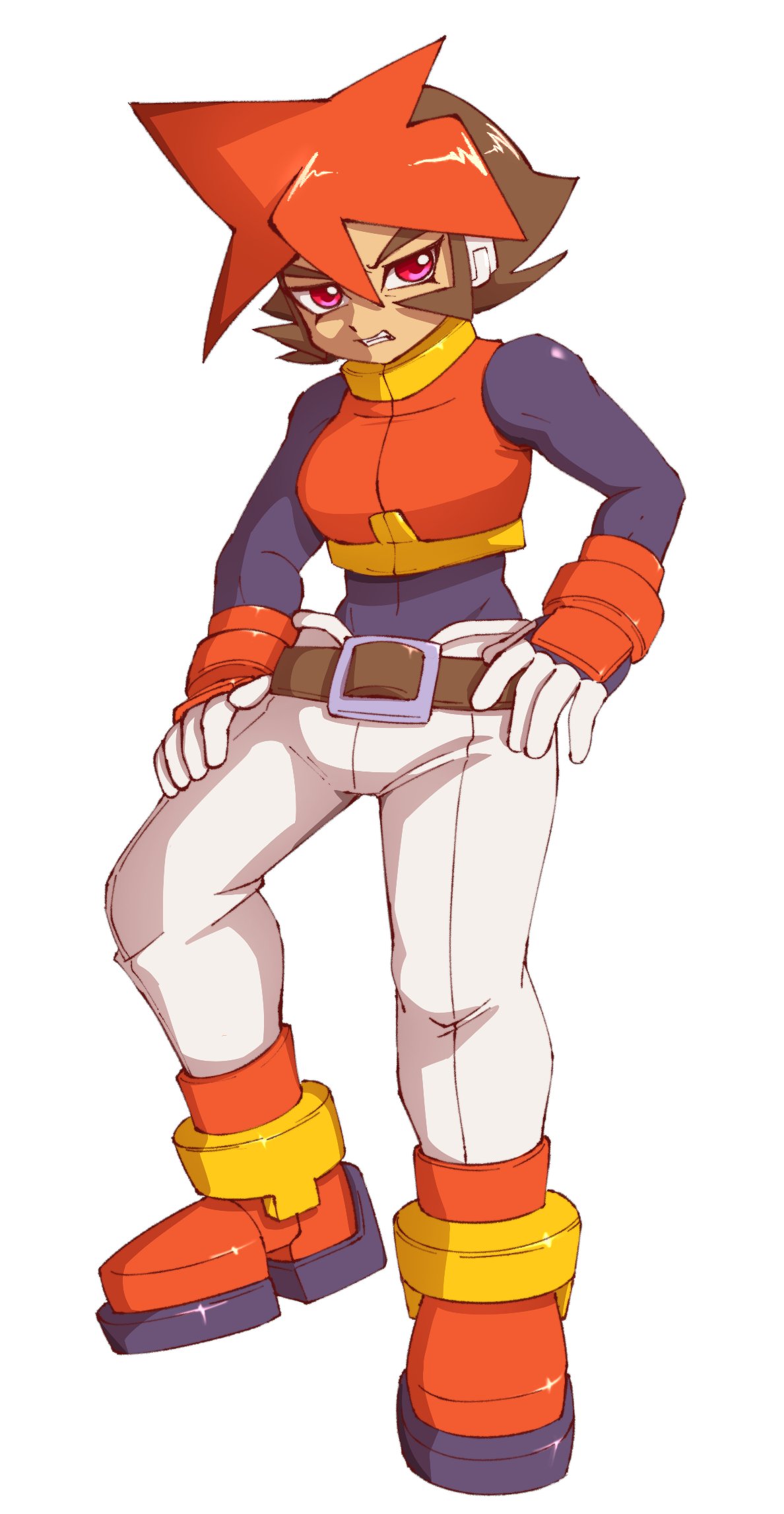 1girl, atlas_(mega_man), bangs, belt, black_bodysuit, bodysuit, boots, breasts