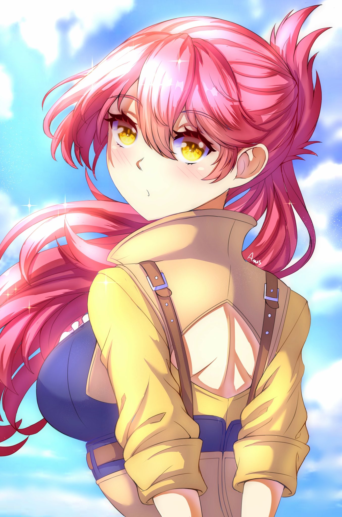 1girl, anisdrawn, back, bangs, belt, blue_sky, blush, breasts