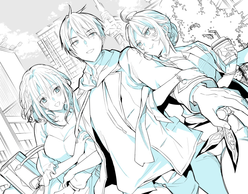 1boy, 2girls, absurdres, alternate_costume, alternate_universe, angelica_rafa_redgrave, bag, breasts, cup, drinking_straw, handbag, highres, holding, holding_cup, hood, hoodie, jacket, jacket_on_shoulders, leon_fou_bartford, locked_arms, medium_breasts, monochrome, multiple_girls, official_art, olivia_(otome_gee_sekai_wa_mob_ni_kibishii_sekai_desu), otome_gee_sekai_wa_mob_ni_kibishii_sekai_desu, shiosato_jun, smile, tokyo_tower, tree, walking