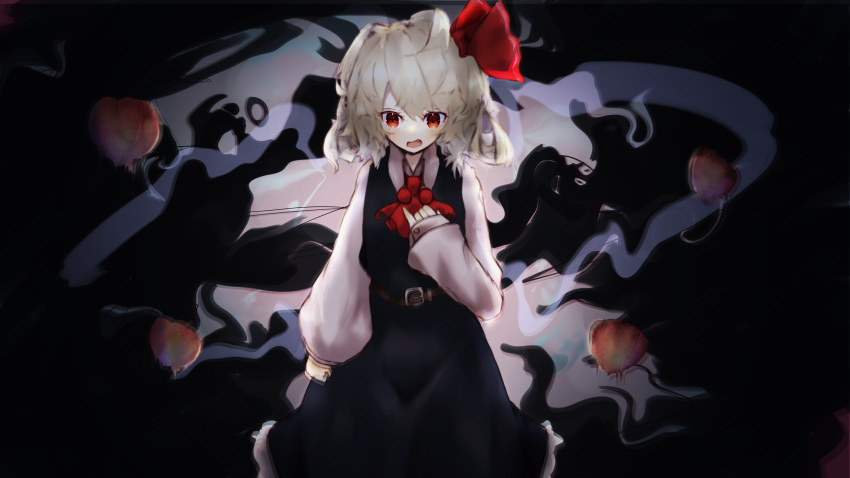 1girl, absurdres, ascot, aura, bangs, belt, black_dress, blonde_hair