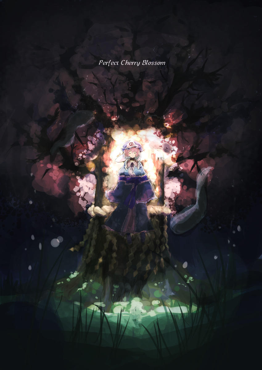 1girl, absurdres, bangs, black_ribbon, blue_kimono, blue_legwear, cherry_blossoms, closed_eyes