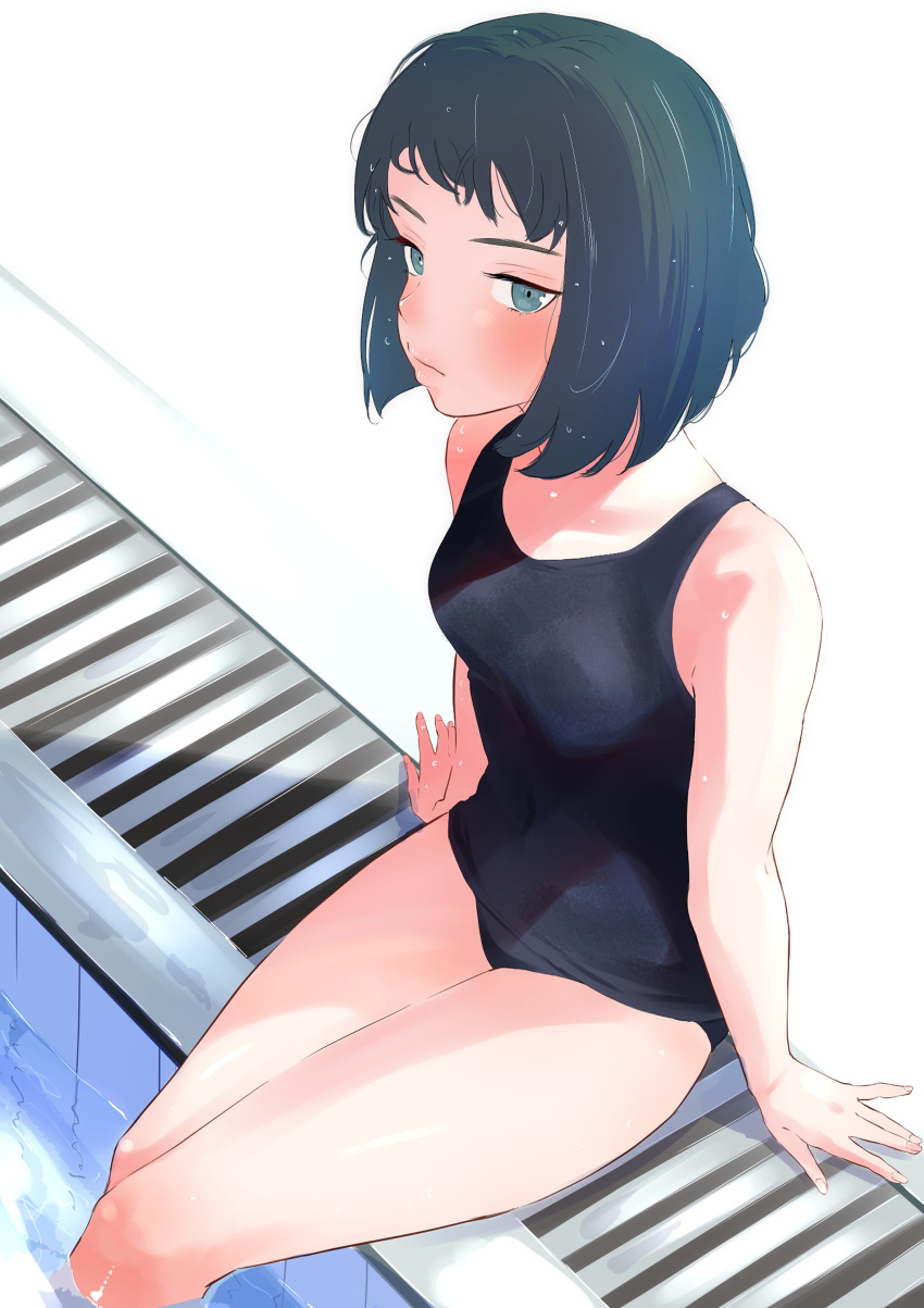 1girl, absurdres, bangs, black_eyes, black_hair, black_swimsuit, blunt_bangs, blunt_ends