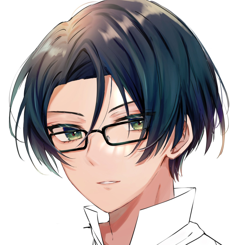 1boy, adam's_apple, black-framed_eyewear, black_hair, eyelashes, glasses, green_eyes, hair_between_eyes