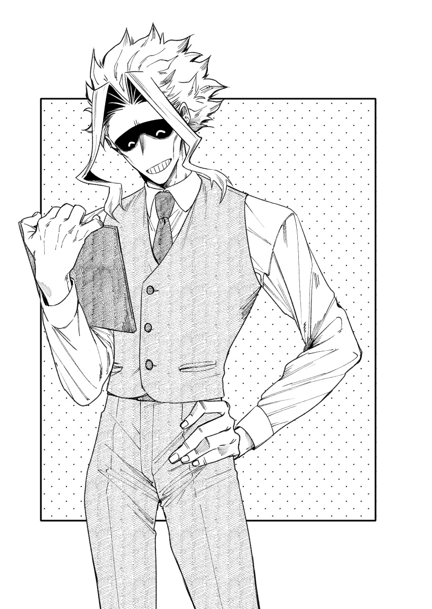 1boy, ^_^, biru_(k22_t20), boku_no_hero_academia, closed_eyes, collared_shirt, commentary_request, greyscale, grin, highres, holding, long_sleeves, male_focus, monochrome, necktie, pants, shirt, short_hair, short_hair_with_long_locks, simple_background, smile, solo, standing, teeth, vest, white_background, yagi_toshinori