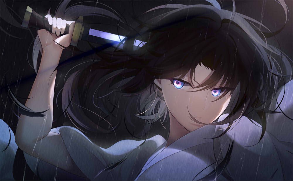 1girl, bangs, blue_eyes, blue_kimono, brown_hair, cutting_hair, glowing, glowing_eyes