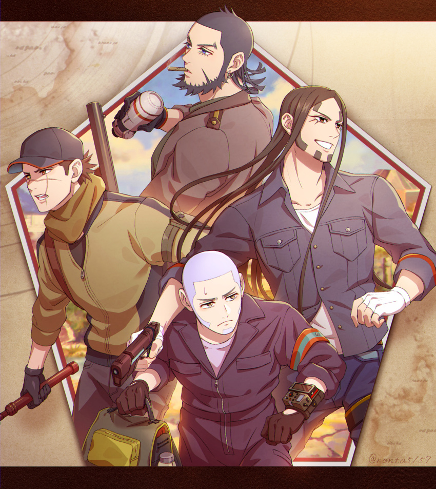 4boys, beard, black_gloves, black_hair, black_pants, black_shirt, blue_eyes, blue_pants, brown_eyes, buttons, buzz_cut, collared_shirt, facial_hair, frown, gloves, golden_kamuy, grey_hair, gun, highres, holding, holding_gun, holding_weapon, jacket, jumpsuit, kiroranke, long_hair, long_sideburns, male_focus, multiple_boys, oosawa_fusatarou, pants, ronta5157, shiraishi_yoshitake, shirt, short_hair, sideburns, smile, smoking, spiky_hair, sugimoto_saichi, sweatdrop, thick_eyebrows, very_short_hair, weapon, white_gloves, white_shirt, yellow_eyes