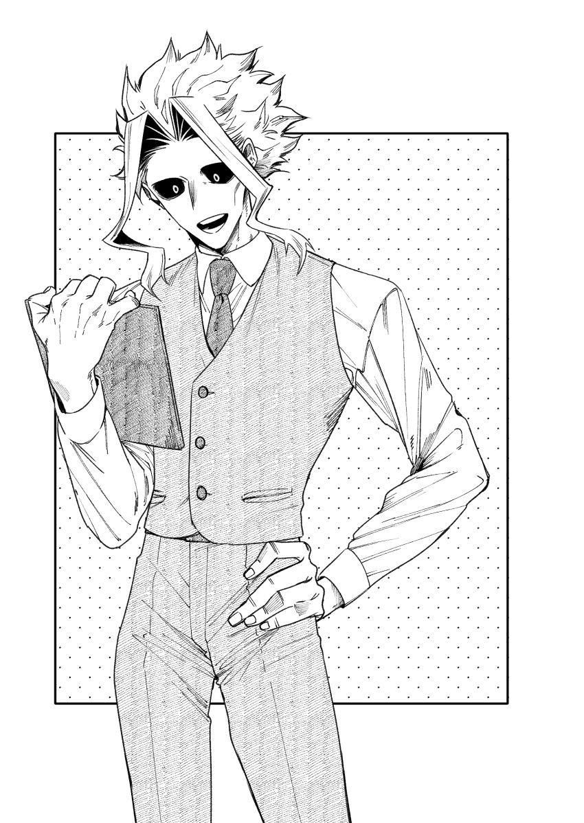 1boy, biru_(k22_t20), boku_no_hero_academia, collared_shirt, commentary_request, greyscale, highres, holding