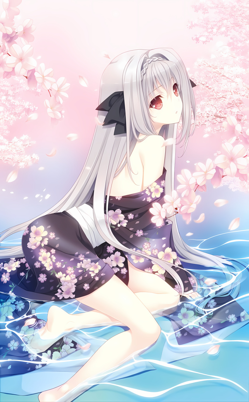 1girl, bangs, barefoot, black_bow, bow, braid, crown_braid, floral_print, full_body, hair_bow, hair_intake, highres, japanese_clothes, kimono, long_hair, no_bra, off_shoulder, partially_submerged, petals, red_eyes, redhead, sakurakouji_luna, silver_hair, solo, suzuhira_hiro, tsuki_ni_yorisou_otome_no_sahou, water, wet, yukata