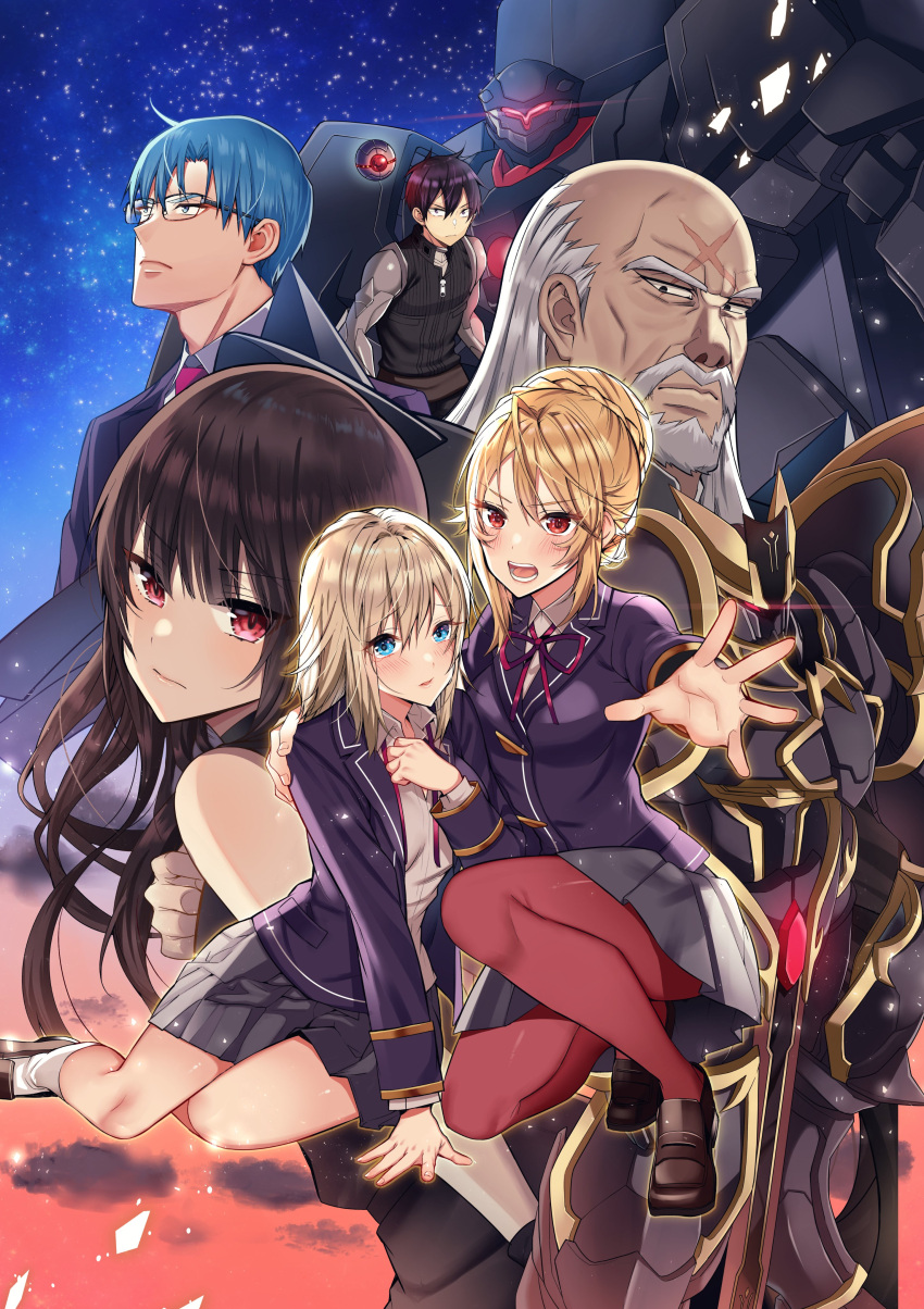 3boys, 3girls, absurdres, angelica_rafa_redgrave, arroganz, bald, beard, black_jacket