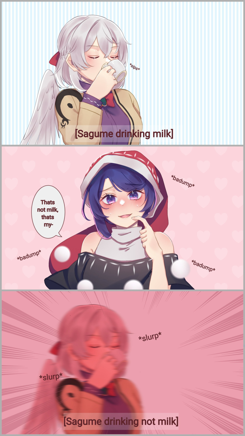 2girls, absurdres, bare_shoulders, bird_wings, black_dress, blue_eyes, blue_hair, bow, bowtie, braid, closed_eyes, collared_shirt, cup, doremy_sweet, dress, english_commentary, english_text, eyebrows_visible_through_hair, feathered_wings, french_braid, grey_wings, hat, highres, jacket, kishin_sagume, light_brown_jacket, long_sleeves, multicolored_clothes, multicolored_dress, multiple_girls, nervous, nightcap, pom_pom_(clothes), purple_shirt, red_bow, red_bowtie, red_headwear, sakikagami, shirt, short_hair, silver_hair, single_wing, sleeveless, sleeveless_dress, touhou, turtleneck, white_dress, wings