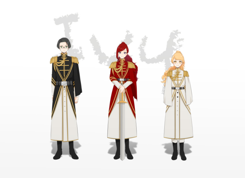 1boy, 2girls, aiguillette, akisumi, arms_at_sides, bangs, black_footwear, black_hair